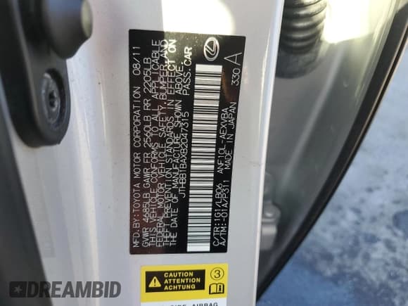 ✅ 2011 Lexus HS 250h • VIN: JTHBB1BAXB2047315 • Lot: 86470255. Listed on Copart with Not provided. Free auction sales archive from the USA and detailed vehicle history report at DreamBid. Image 12.