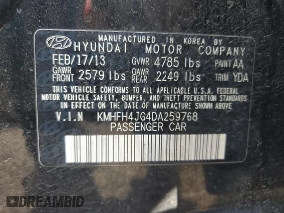 ✅ 2013 Hyundai Azera • VIN: KMHFH4JG4DA259768 • Lot: 64929555. Listed on Copart with 122,794 mi. Free auction sales archive from the USA and detailed vehicle history report at DreamBid. Image 12.