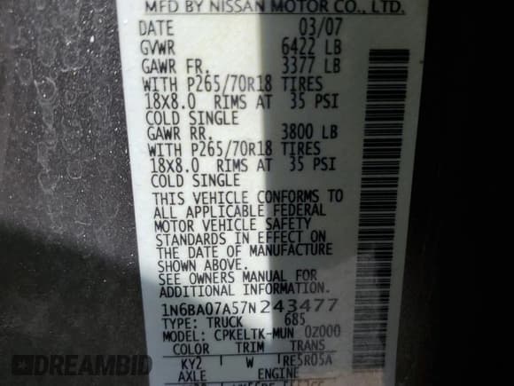 ✅ 2007 Nissan Titan SE • VIN: 1N6BA07A57N243477 • Lot: 69422055. Listed on Copart with 170,254 mi. Free auction sales archive from the USA and detailed vehicle history report at DreamBid. Image 12.