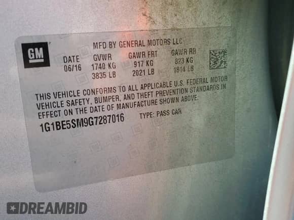 2016 Chevrolet Cruze LT с VIN 1G1BE5SM9G7287016, выставлен на аукционе Copart как лот 69397645 с пробегом 156 362 миль миль и Списание • Salvage title. История ставок и продаж доступна на DreamBid. Изображение 12.