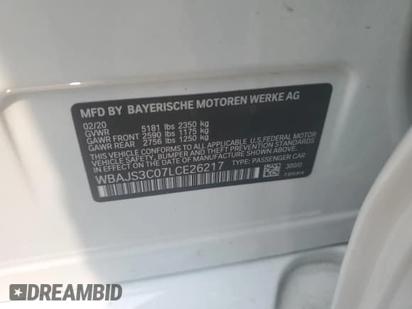 ✅ 2020 BMW 5 Series 540i xDrive • VIN: WBAJS3C07LCE26217 • Lot: 67543645. Listed on Copart with Not provided. Free auction sales archive from the USA and detailed vehicle history report at DreamBid. Image 12.