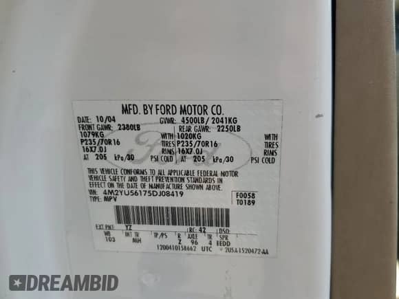 2005 Mercury Mariner Luxury с VIN 4M2YU56175DJ08419, выставлен на аукционе Copart как лот 69509144 с пробегом Не указан миль и Списание • Salvage title. История ставок и продаж доступна на DreamBid. Изображение 14.