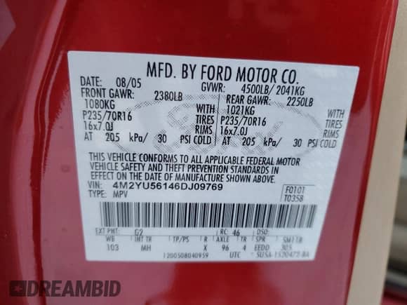 2006 Mercury Mariner Luxury with VIN 4M2YU56146DJ09769, listed as a Copart auction lot 87851795 with 80,894 mi miles and Salvage title. Bid and sale history available at DreamBid. Image 13.