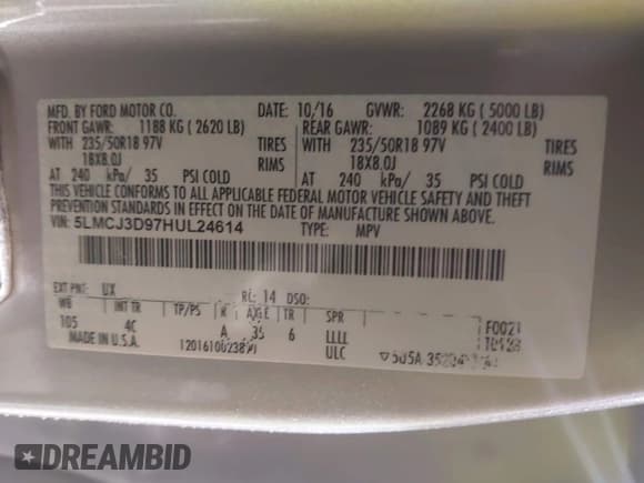 ✅ 2017 Lincoln MKC Reserve • VIN: 5LMCJ3D97HUL24614 • Lot: 43656322. Listed on IAAI with 102,680 mi. Free auction sales archive from the USA and detailed vehicle history report at DreamBid. Image 9.