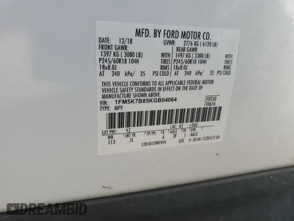 ✅ 2019 Ford Explorer • VIN: 1FM5K7B85KGB04064 • Lot: 67912725. Wystawiony na Copart z przebiegiem 60 829 mil. Bezpłatny archiwum sprzedaży aukcyjnych z USA i szczegółowy raport historii pojazdu na DreamBid. Zdjęcie 12.