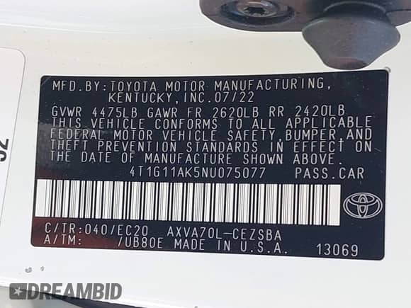 2022 Toyota Camry SE z VIN 4T1G11AK5NU075077, wystawiony jako IAAI lot #42359500 z przebiegiem 35 938 mil mil oraz . Historia ofert i sprzedaży dostępna na DreamBid. Obrazek 9.