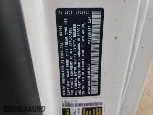 ✅ 2014 Volkswagen Eos Executive • VIN: WVWFW8AH8EV005601 • Lot: 61486604. Listed on Copart with 205,724 mi. Free auction sales archive from the USA and detailed vehicle history report at DreamBid. Image 12.