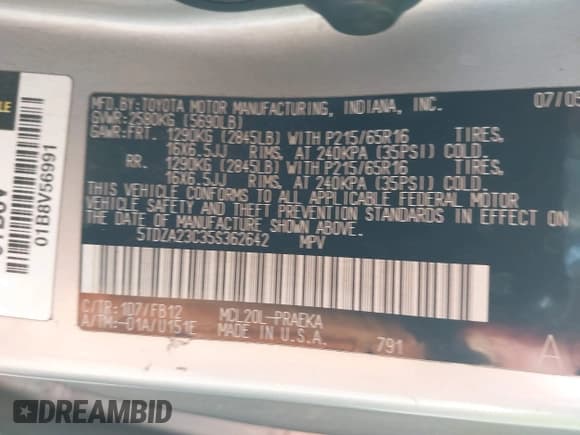 ✅ 2005 Toyota Sienna CE • VIN: 5TDZA23C35S362642 • Lot: 43497553. Listed on IAAI with 226,126 mi. Free auction sales archive from the USA and detailed vehicle history report at DreamBid. Image 9.