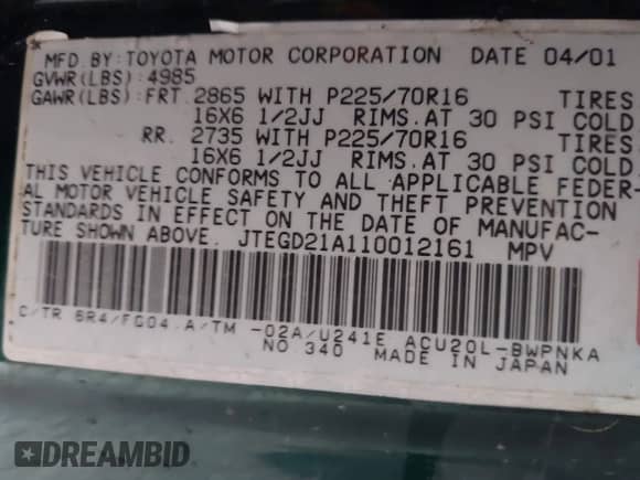 2001 Toyota Highlander с VIN JTEGD21A110012161, выставлен на аукционе IAAI как лот 42479479 с пробегом 205 528 миль миль и . История ставок и продаж доступна на DreamBid. Изображение 9.