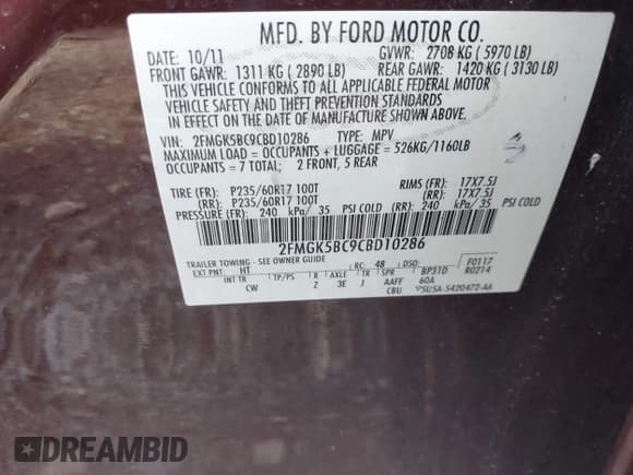✅ 2012 Ford Flex SE • VIN: 2FMGK5BC9CBD10286 • Lot: 43420362. Listed on IAAI with 201,902 mi. Free auction sales archive from the USA and detailed vehicle history report at DreamBid. Image 9.