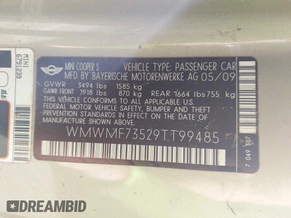 ✅ 2009 MINI Hardtop S • VIN: WMWMF73529TT99485 • Лот: 43543003. Опубликован ранее на IAAI с пробегом 101 131 миль. Бесплатный доступ к архиву аукционных продаж из США и подробный отчёт об истории автомобиля на DreamBid. Изображение 9.