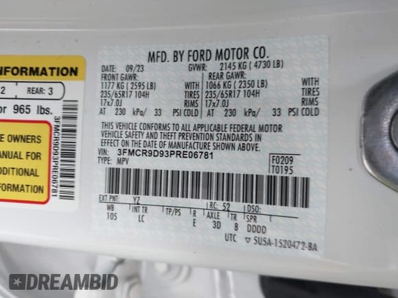 ✅ 2023 Ford Bronco Sport Badlands • VIN: 3FMCR9D93PRE06781 • Lot: 43041019. Listed on IAAI with 18,910 mi. Free auction sales archive from the USA and detailed vehicle history report at DreamBid. Image 9.