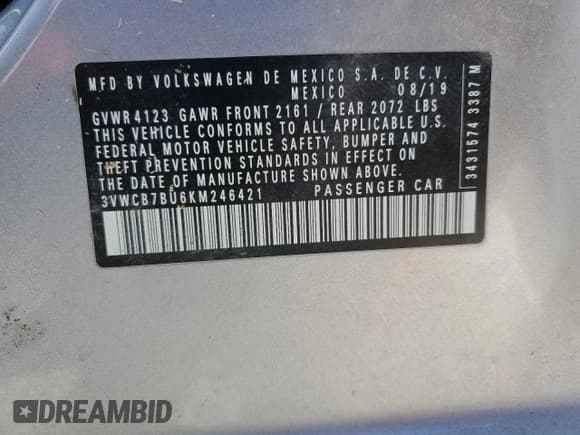 ✅ 2019 Volkswagen Jetta S • VIN: 3VWCB7BU6KM246421 • Lot: 89505195. Wystawiony na Copart z przebiegiem 36 208 mil. Bezpłatny archiwum sprzedaży aukcyjnych z USA i szczegółowy raport historii pojazdu na DreamBid. Zdjęcie 13.