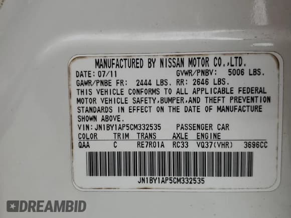 ✅ 2012 Infiniti M • VIN: JN1BY1AP5CM332535 • Lot: 91601225. Listed on Copart with Not provided. Free auction sales archive from the USA and detailed vehicle history report at DreamBid. Image 13.