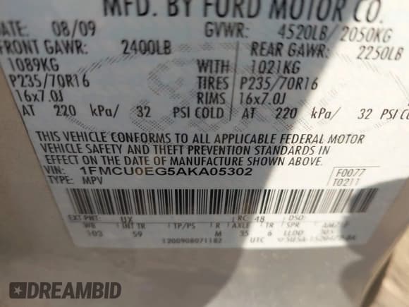 ✅ 2010 Ford Escape Limited • VIN: 1FMCU0EG5AKA05302 • Lot: 43270925. Listed on IAAI with Not provided. Free auction sales archive from the USA and detailed vehicle history report at DreamBid. Image 9.