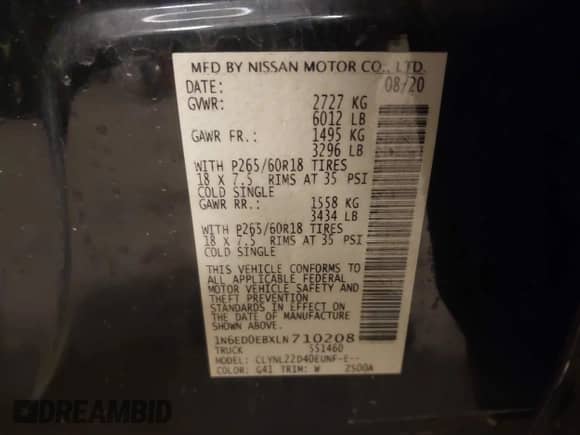 2020 Nissan Frontier SV with VIN 1N6ED0EBXLN710208, listed as a IAAI auction lot 41137154 with 28,760 mi miles and . Bid and sale history available at DreamBid. Image 9.