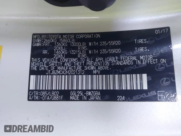 ✅ 2017 Lexus RX 350 • VIN: JTJBZMCA2H2021312 • Lot: 43385361. Listed on IAAI with 93,181 mi. Free auction sales archive from the USA and detailed vehicle history report at DreamBid. Image 9.