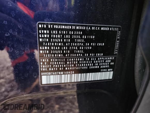 ✅ 2022 Volkswagen Tiguan SE • VIN: 3VV3B7AX7NM149426 • Lot: 92098105. Wystawiony na Copart z przebiegiem 61 090 mil. Bezpłatny archiwum sprzedaży aukcyjnych z USA i szczegółowy raport historii pojazdu na DreamBid. Zdjęcie 13.