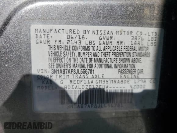 ✅ 2018 Nissan Sentra SV • VIN: 3N1AB7AP8JL656781 • Lot: 90917385. Listed on Copart with 155,713 mi. Free auction sales archive from the USA and detailed vehicle history report at DreamBid. Image 12.