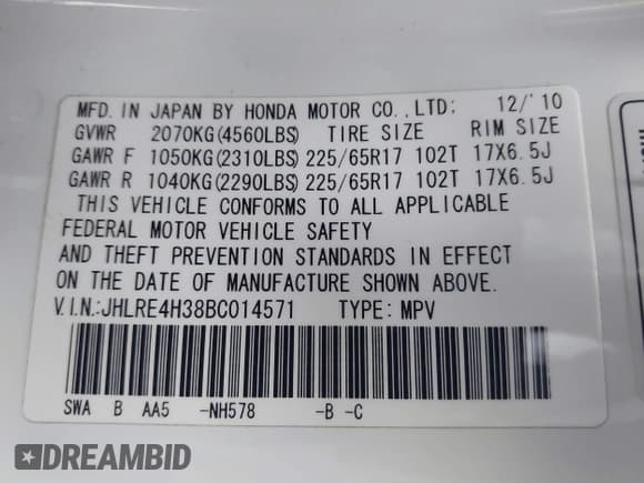 ✅ 2011 Honda CR-V LX • VIN: JHLRE4H38BC014571 • Lot: 43839770. Listed on IAAI with 114,228 mi. Free auction sales archive from the USA and detailed vehicle history report at DreamBid. Image 9.