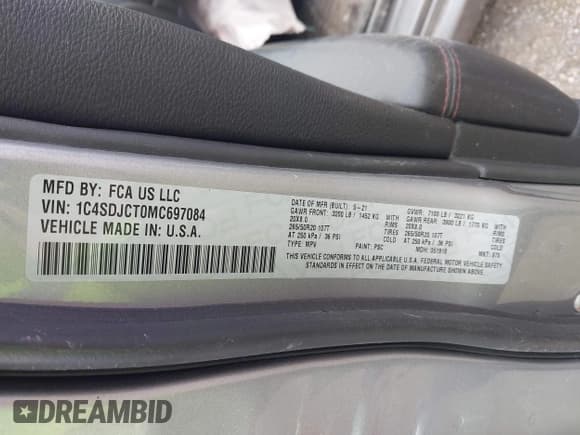 ✅ 2021 Dodge Durango R/T • VIN: 1C4SDJCT0MC697084 • Lot: 42896065. Wystawiony na IAAI z przebiegiem Nie podano. Bezpłatny archiwum sprzedaży aukcyjnych z USA i szczegółowy raport historii pojazdu na DreamBid. Zdjęcie 9.