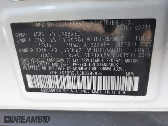 ✅ 2011 Subaru Outback Limited • VIN: 4S4BRCJC3B3398066 • Lot: 43324959. Listed on IAAI with 165,503 mi. Free auction sales archive from the USA and detailed vehicle history report at DreamBid. Image 9.