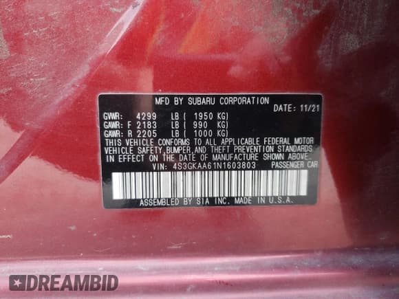 ✅ 2022 Subaru Impreza • VIN: 4S3GKAA61N1603803 • Lot: 59564054. Listed on Copart with 92,108 mi. Free auction sales archive from the USA and detailed vehicle history report at DreamBid. Image 13.