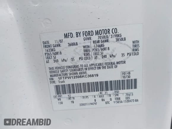 ✅ 2008 Ford F-150 XLT • VIN: 1FTPW12598KC36819 • Lot: 41703359. Wystawiony na IAAI z przebiegiem 177 560 mil. Bezpłatny archiwum sprzedaży aukcyjnych z USA i szczegółowy raport historii pojazdu na DreamBid. Zdjęcie 9.