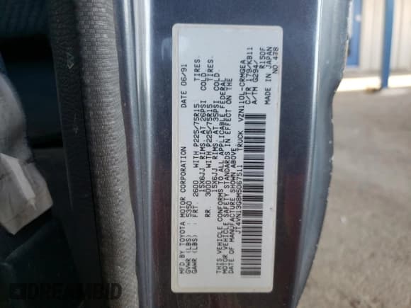 ✅ 1991 Toyota Pickup DLX • VIN: JT4VN13G8M5067511 • Lot: 66333765. Listed on Copart with 375,665 mi. Free auction sales archive from the USA and detailed vehicle history report at DreamBid. Image 12.