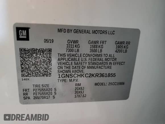 2019 Chevrolet Suburban LT z VIN 1GNSCHKC2KR361855, wystawiony jako Copart lot #84461665 z przebiegiem 80 103 mil mil oraz Szkoda całkowita • Salvage title. Historia ofert i sprzedaży dostępna na DreamBid. Obrazek 13.