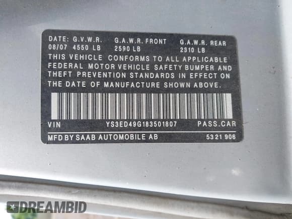 ✅ 2008 Saab 9-5 • VIN: YS3ED49G183501807 • Lot: 42900905. Wystawiony na IAAI z przebiegiem 189 376 mil. Bezpłatny archiwum sprzedaży aukcyjnych z USA i szczegółowy raport historii pojazdu na DreamBid. Zdjęcie 9.