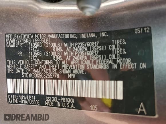 ✅ 2012 Toyota Sienna XLE • VIN: 5TDYK3DC5CS255778 • Lot: 94214015. Listed on Copart with 114,207 mi. Free auction sales archive from the USA and detailed vehicle history report at DreamBid. Image 13.