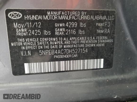 ✅ 2013 Hyundai Sonata GLS • VIN: 5NPEB4AC7DH527154 • Lot: 73050604. Listed on Copart with 123,757 mi. Free auction sales archive from the USA and detailed vehicle history report at DreamBid. Image 12.