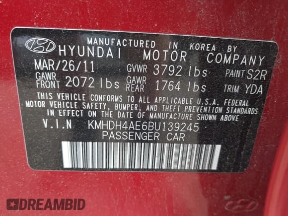 ✅ 2011 Hyundai Elantra GLS • VIN: KMHDH4AE6BU139245 • Lot: 42602106. Listed on IAAI with 151,434 mi. Free auction sales archive from the USA and detailed vehicle history report at DreamBid. Image 9.