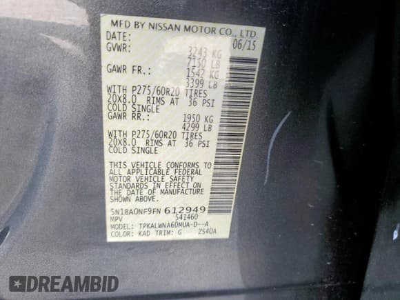 ✅ 2015 Nissan Armada Platinum • VIN: 5N1BA0NF9FN612949 • Lot: 80178025. Listed on Copart with 128,379 mi. Free auction sales archive from the USA and detailed vehicle history report at DreamBid. Image 13.