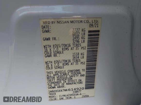 ✅ 2022 Nissan Frontier SV • VIN: 1N6ED1EK7NN614920 • Lot: 42725716. Listed on IAAI with 70,263 mi. Free auction sales archive from the USA and detailed vehicle history report at DreamBid. Image 9.