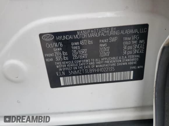 ✅ 2017 Hyundai Santa Fe 2.4L • VIN: 5NMZT3LB9HH022135 • Lot: 87491075. Listed on Copart with 157,343 mi. Free auction sales archive from the USA and detailed vehicle history report at DreamBid. Image 13.