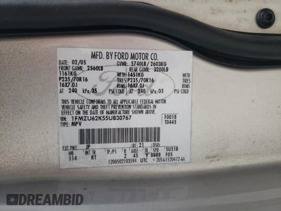 ✅ 2005 Ford Explorer XLS • VIN: 1FMZU62K55UB30767 • Lot: 60655445. Listed on Copart with 287,145 mi. Free auction sales archive from the USA and detailed vehicle history report at DreamBid. Image 13.