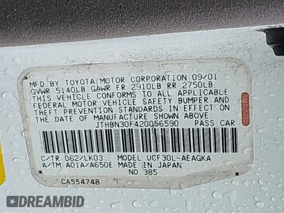 ✅ 2002 Lexus LS 430 • VIN: JTHBN30F420056590 • Lot: 42917320. Listed on IAAI with 178,262 mi. Free auction sales archive from the USA and detailed vehicle history report at DreamBid. Image 9.