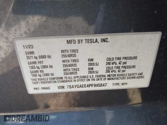 ✅ 2023 Tesla Model Y Long Range • VIN: 7SAYGAEE4PF945847 • Lot: 41071924. Listed on IAAI with 33,454 mi. Free auction sales archive from the USA and detailed vehicle history report at DreamBid. Image 9.
