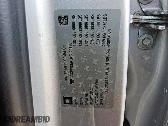 2019 Chevrolet Silverado 1500 LT с VIN 3GCPWCEK5KG129195, выставлен на аукционе Copart как лот 57515195 с пробегом 145 054 миль миль и Чистый • Clean title. История ставок и продаж доступна на DreamBid. Изображение 13.