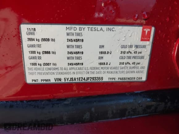 ✅ 2018 Tesla Model S 75D • VIN: 5YJSA1E24JF293359 • Lot: 43749965. Listed on IAAI with 69,801 mi. Free auction sales archive from the USA and detailed vehicle history report at DreamBid. Image 9.