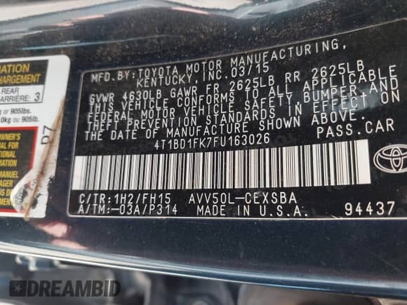 2015 Toyota Camry LE z VIN 4T1BD1FK7FU163026, wystawiony jako IAAI lot #41651247 z przebiegiem 184 783 mil mil oraz . Historia ofert i sprzedaży dostępna na DreamBid. Obrazek 9.