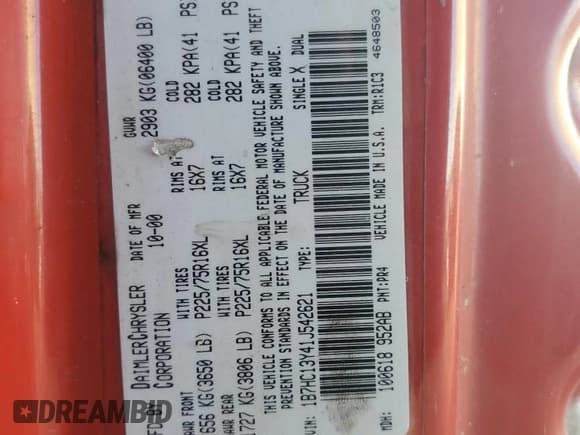 ✅ 2001 Dodge 1500 • VIN: 1B7HC13Y41J542621 • Lot: 92426935. Listed on Copart with 302,102 mi. Free auction sales archive from the USA and detailed vehicle history report at DreamBid. Image 12.