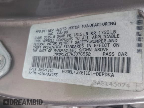 ✅ 1998 Toyota Corolla CE • VIN: 1NXBR12E7WZ076552 • Lot: 43885862. Listed on IAAI with 153,374 mi. Free auction sales archive from the USA and detailed vehicle history report at DreamBid. Image 9.