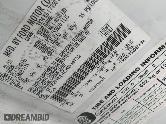 ✅ 2012 Ford F-150 XLT • VIN: 1FTFW1EF4CKD34732 • Lot: 43420540. Listed on IAAI with 238,186 mi. Free auction sales archive from the USA and detailed vehicle history report at DreamBid. Image 9.