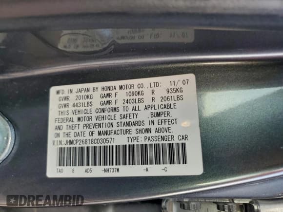 ✅ 2008 Honda Accord EX-L • VIN: JHMCP26818C030571 • Lot: 93385225. Wystawiony na Copart z przebiegiem 171 825 mil. Bezpłatny archiwum sprzedaży aukcyjnych z USA i szczegółowy raport historii pojazdu na DreamBid. Zdjęcie 12.