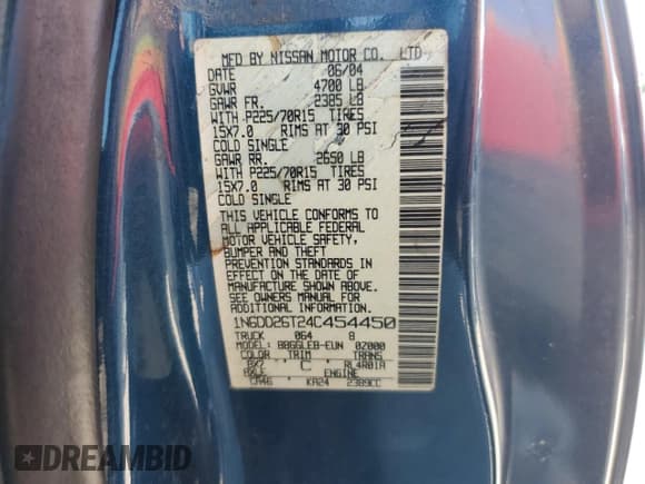 ✅ 2004 Nissan Frontier XE • VIN: 1N6DD26T24C454450 • Лот: 69596565. Опубликован ранее на Copart с пробегом 77 875 миль. Бесплатный доступ к архиву аукционных продаж из США и подробный отчёт об истории автомобиля на DreamBid. Изображение 12.