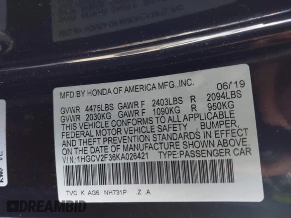 ✅ 2019 Honda Accord Sport • VIN: 1HGCV2F36KA026421 • Lot: 43574545. Listed on IAAI with 81,986 mi. Free auction sales archive from the USA and detailed vehicle history report at DreamBid. Image 9.