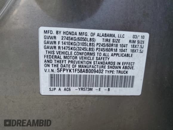 ✅ 2010 Honda Ridgeline RTL • VIN: 5FPYK1F58AB009402 • Lot: 90696955. Listed on Copart with Not provided. Free auction sales archive from the USA and detailed vehicle history report at DreamBid. Image 12.